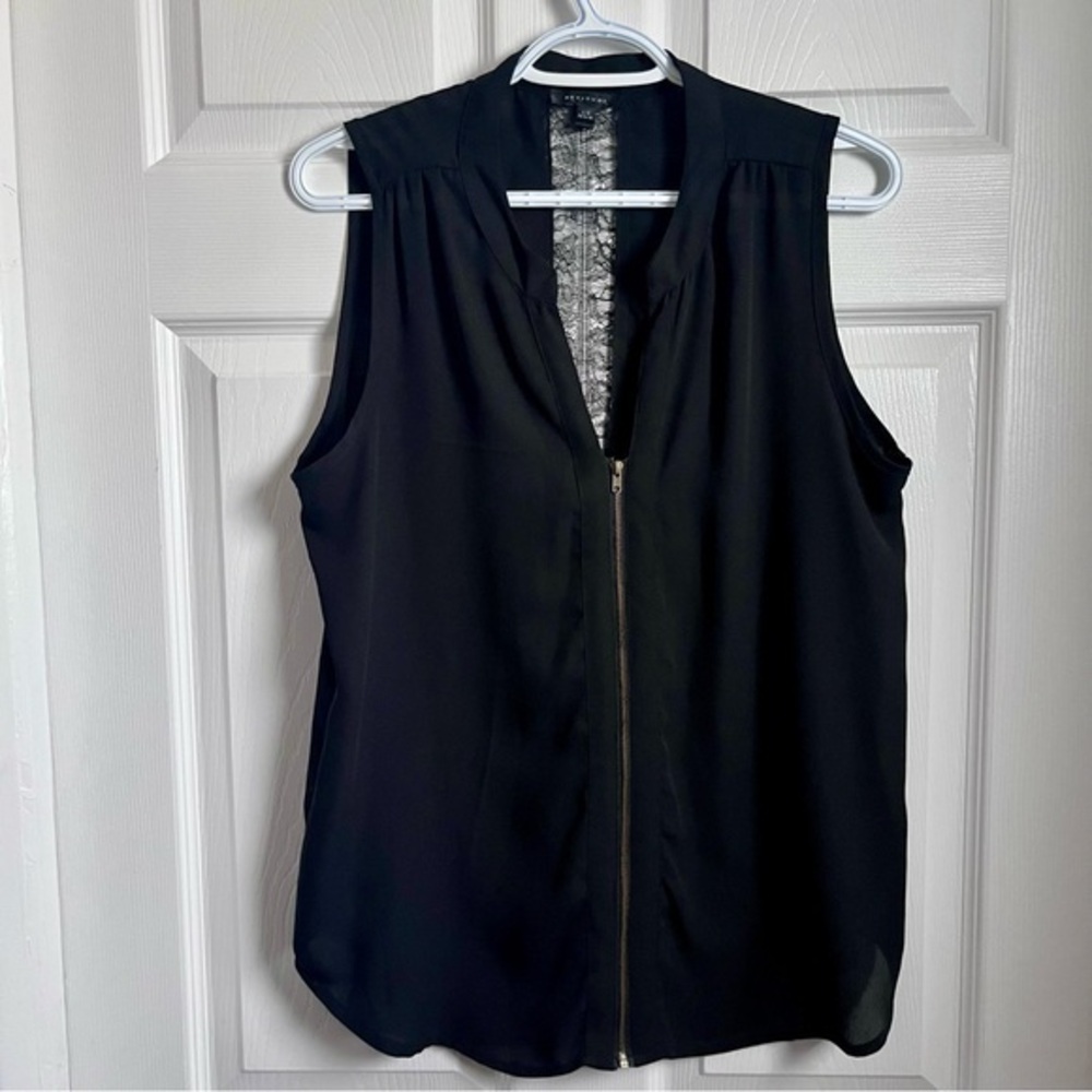 Attitude Top Blouse Mesh Open Back Black Large Women Zip Sleeveless V-Neck